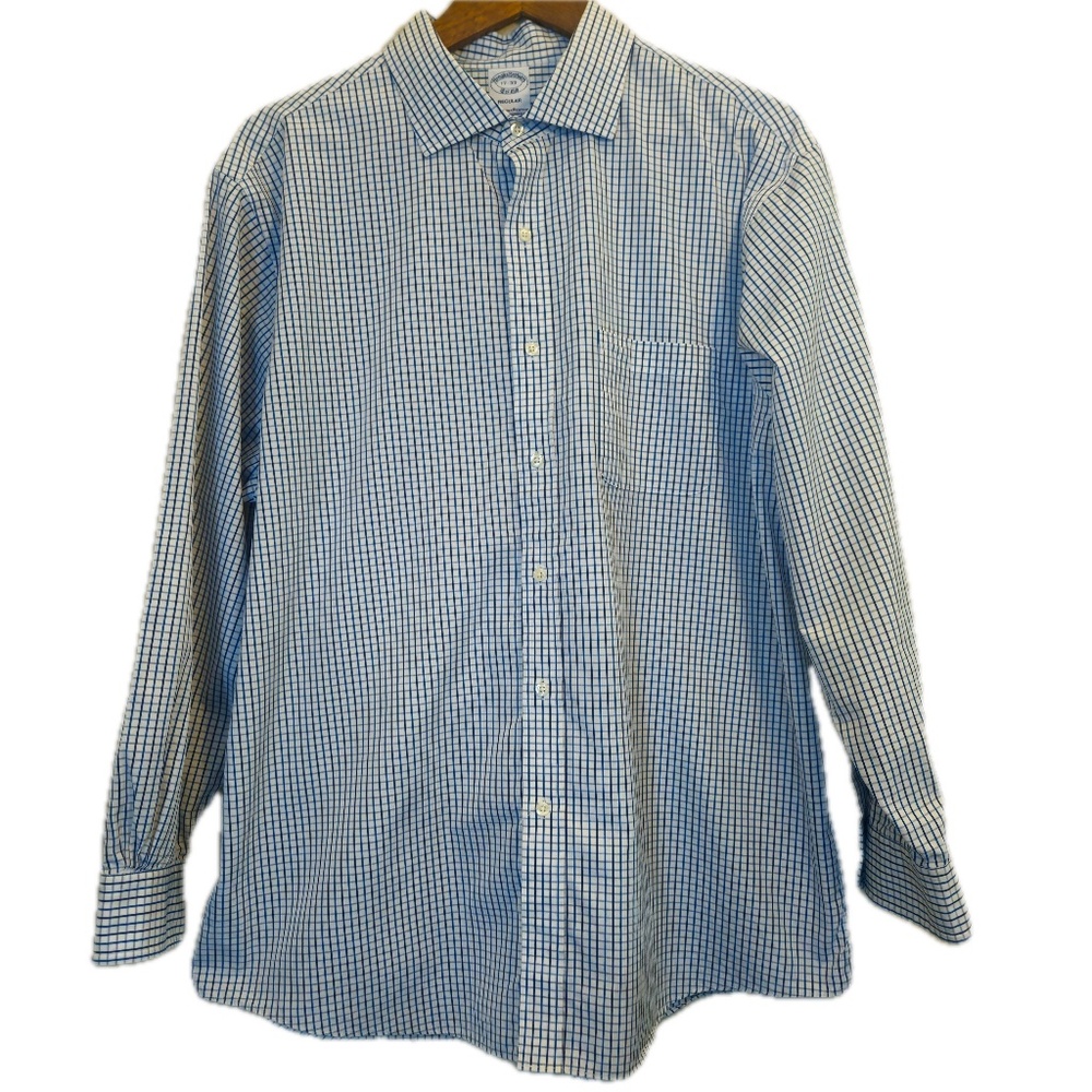 Brooks Brothers Shirt Mens 17 32/33 Blue Check Point Collar Supima Cotton - Picture 2 of 7